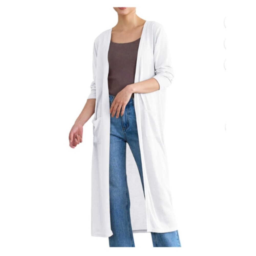 🌷 Joan Vass Soft Open Front Long Sweater White Knit Top